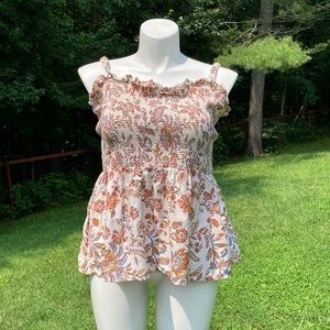 Smocked bust floral on off white boho relaxed fit top size 2X